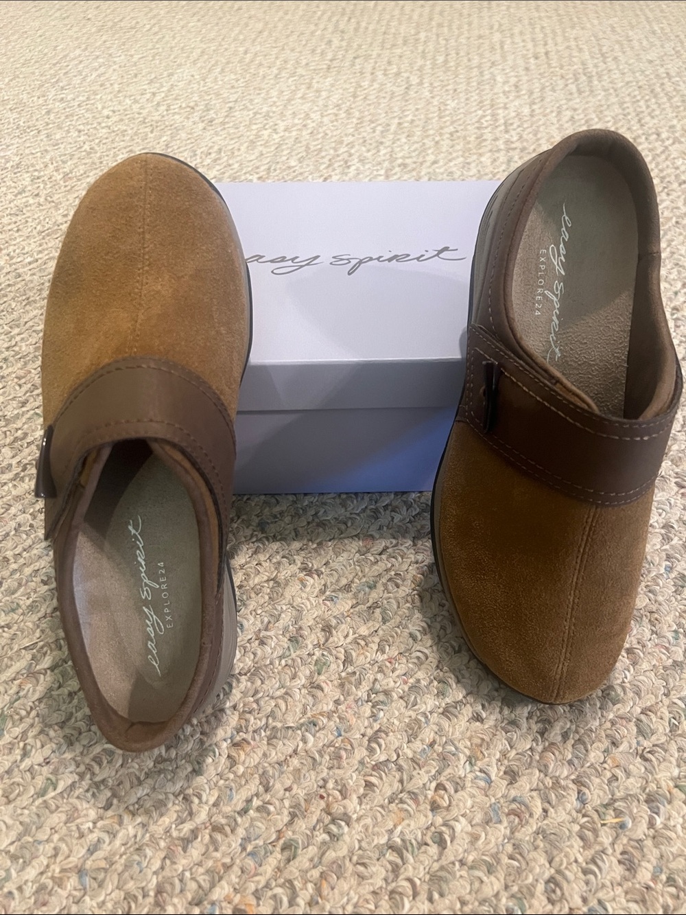 Easy Spirit Womens Brown Suede Slip-On Loafers with Leather Trim